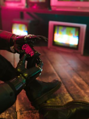 Futuristic cyberpunk vibe with a prosthetic hand holding a gaming joystick. Neon lights and retro TVs.